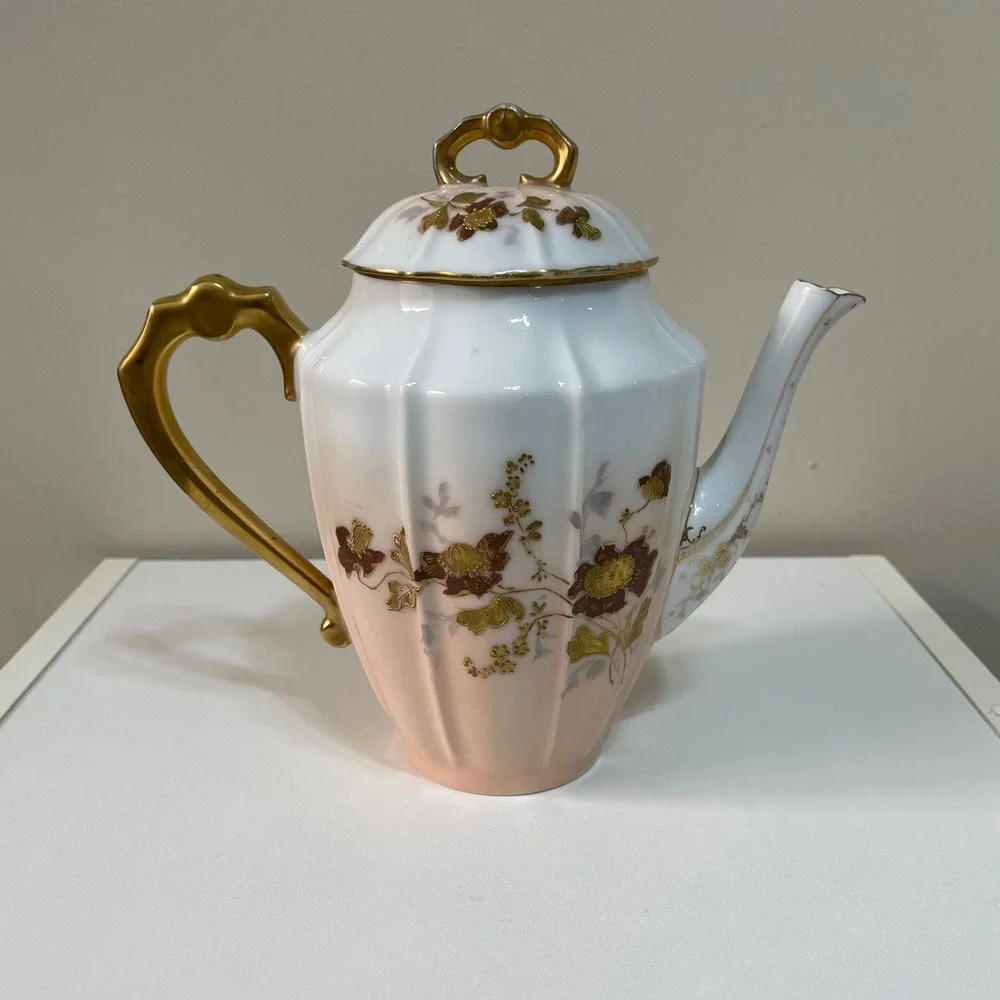 Vintage JC Limoges‎ Teapot Gold Floral Design Porcelain Coffee Tea Server Decor